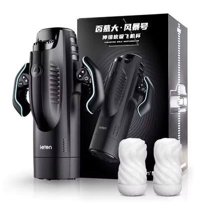 Leten thrusting male masturbator displayed standing upright alongside two replacement silicone sleeves and its retail box.