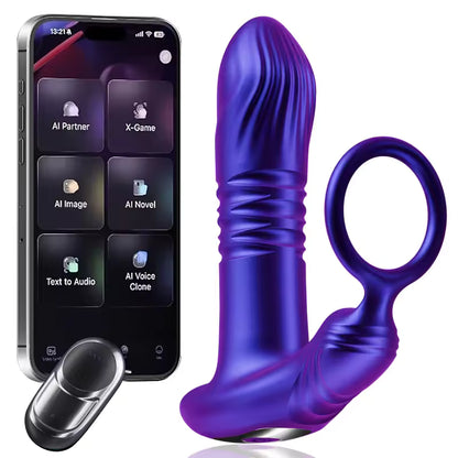 Purple silicone app-controlled prostate massager with grooved shaft, perineum ring, and remote.
