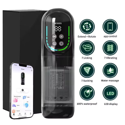 Black automatic male masturbator with LED display, smartphone app control, and feature icons.