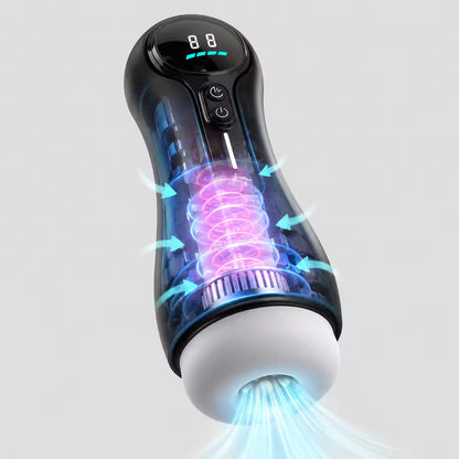 Black automatic male masturbator showing digital display, internal spiral sleeve, and suction graphics.