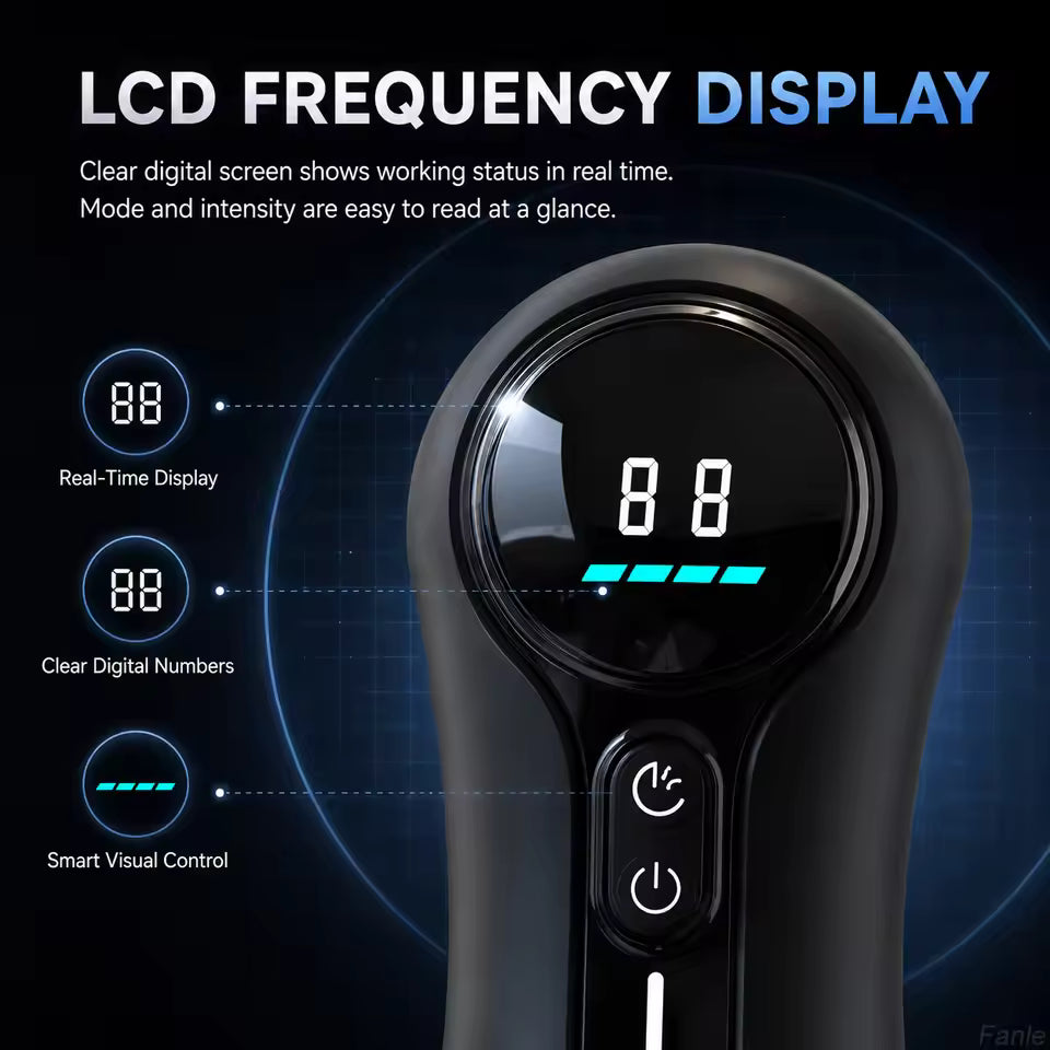Black automatic male masturbator showing close-up of LCD frequency display and control buttons.