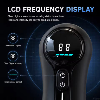 Black automatic male masturbator showing close-up of LCD frequency display and control buttons.