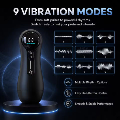 Black automatic male masturbator displaying its nine vibration modes and control features.