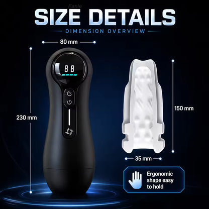 Black automatic male masturbator diagram showing product dimensions and inner sleeve size details.