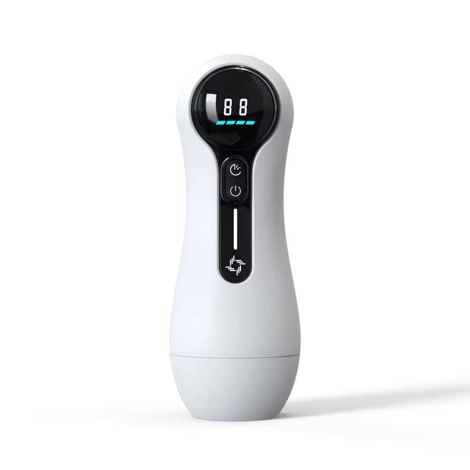 Sleek white automatic male masturbator standing upright with digital screen and control panel.