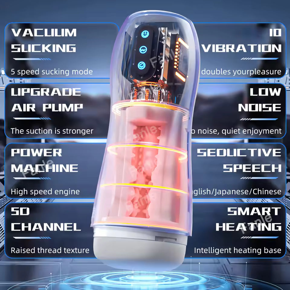 Automatic male masturbator cup highlighting features like vacuum sucking, vibration, and heating.