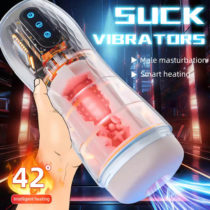 Hand holding an automatic male masturbator cup highlighting its 42°C intelligent heating function.