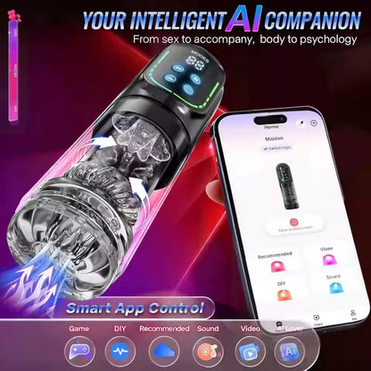 Clear male masturbator with LED screen shown beside smartphone displaying smart app control features.