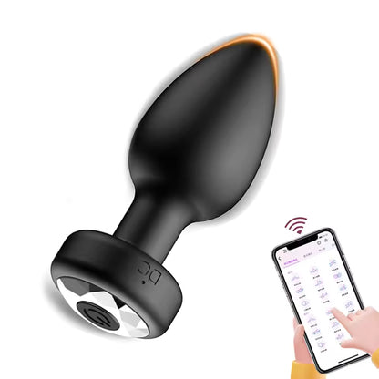 Black vibrating anal plug with smartphone app control interface.