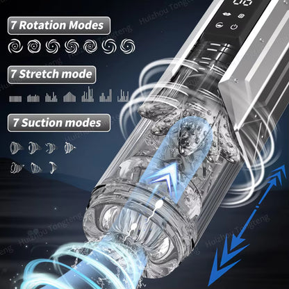Silver male masturbator with clear textured sleeve showing rotation, stretch, and suction modes.