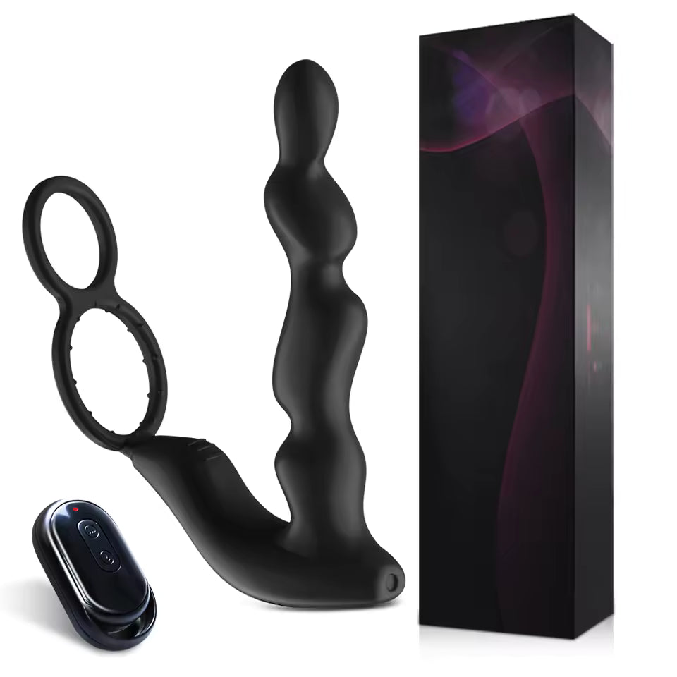 Black wavy prostate massager with attached double rings, remote control, and sleek black box.