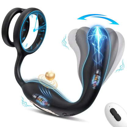 Black wiggling prostate massager with dual rings, internal motors, perineum bead, and remote control.