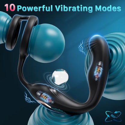 Black wiggling prostate massager with dual rings, highlighting 10 powerful vibrating modes and internal motor placement.