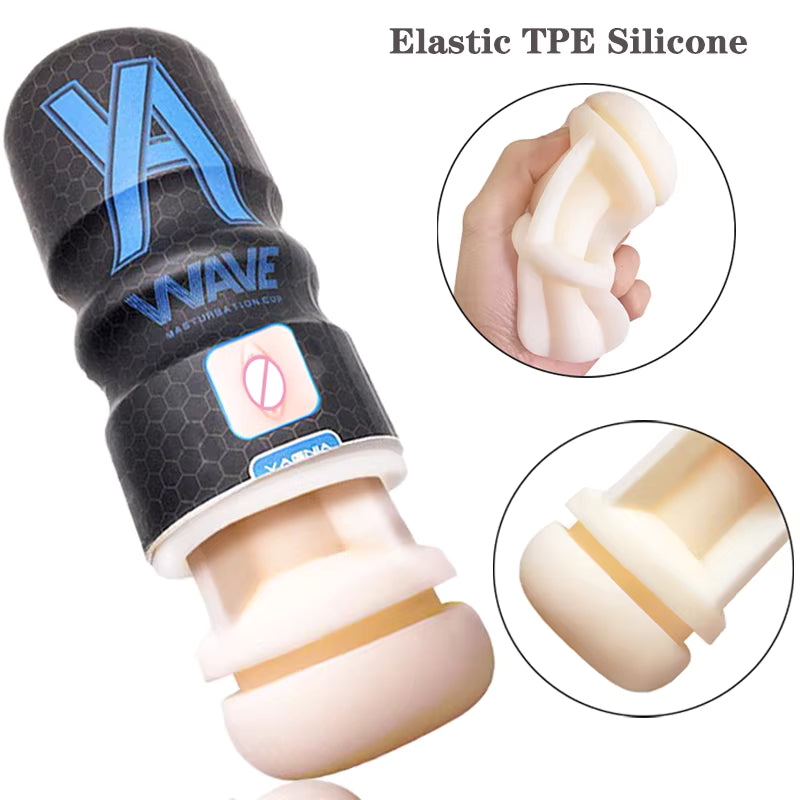 Blue Wave male masturbator cup highlighting its elastic TPE silicone inner sleeve material.