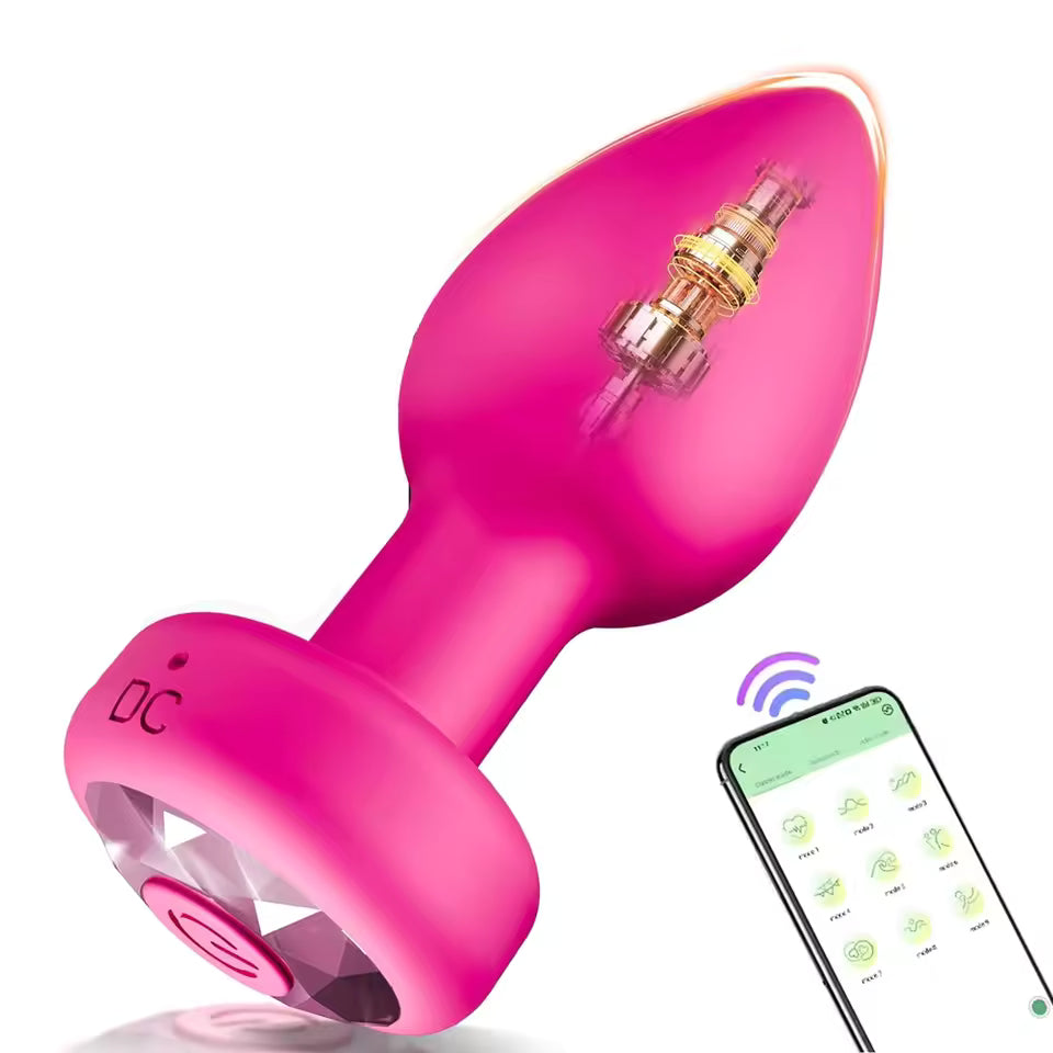 Pink vibrating anal plug featuring an internal motor graphic and smartphone app control.