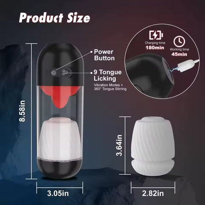 Male masturbator size diagram showing product dimensions, sleeve measurements, and charging time.
