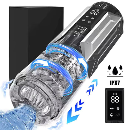 Futuristic silver male masturbator with clear sleeve, IPX7 waterproof rating, and LED screen.